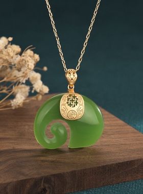 珠宝首饰直播货源铜镀金古风仿和田玉青玉吉祥福气象吊坠锁骨项链