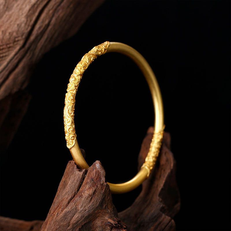 黄铜镀金古法紫金花卷草纹手镯国潮风饰品久不掉色戒指仿真鐲子