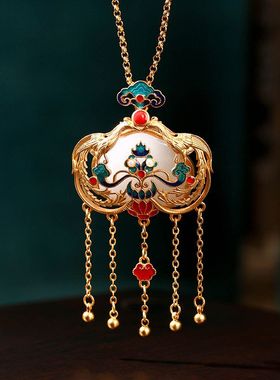小红书推荐凤求凰保色镀金复古流苏项链汉服旗袍配饰品珐琅吊坠女