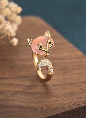 创意设计狐狸镶嵌天然玉髓戒指小众设计轻奢时尚食指新潮手饰品