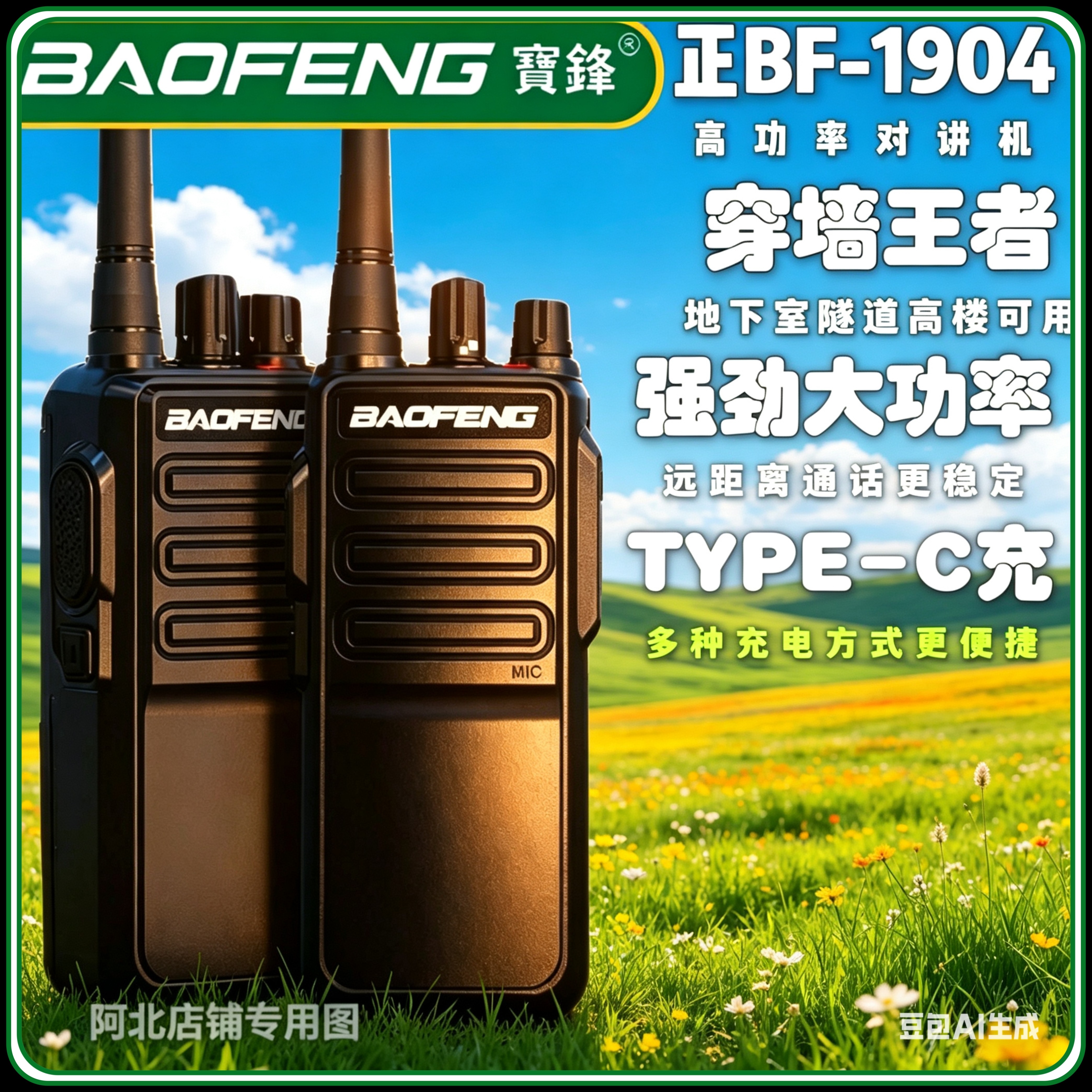 国产宝锋对讲机1904防摔高频民用远距离Type-C充电工地户外大功率