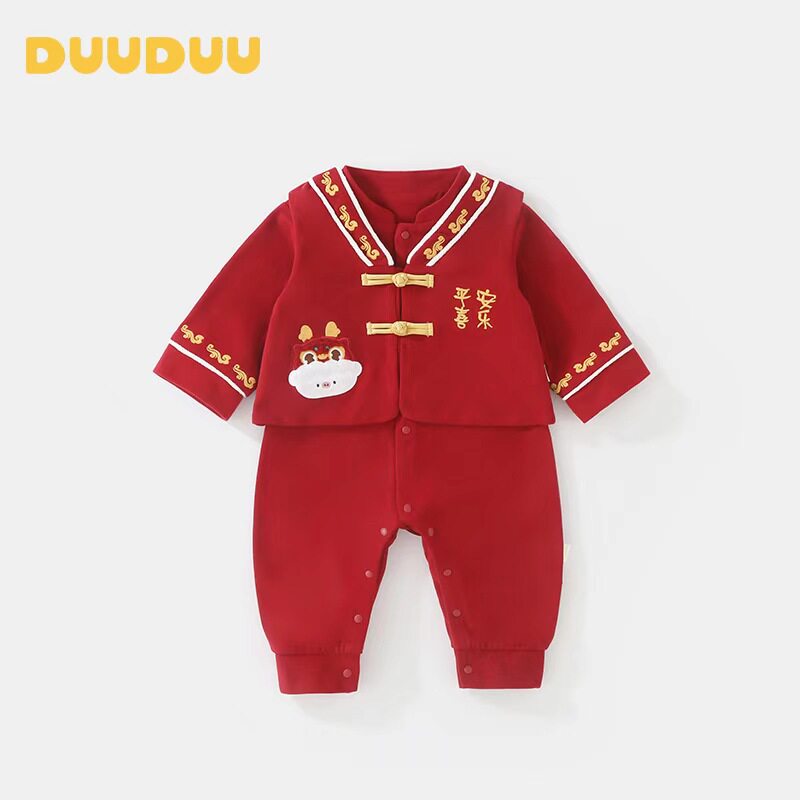 婴幼儿大红色满月男女宝宝衣服春秋季周岁百日宴a类婴儿连体衣