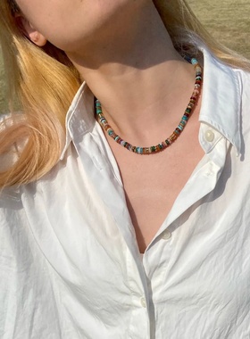 希腊小众设计彩色算盘珠串珠项链女轻奢chorker拼接飞盘水晶锁骨