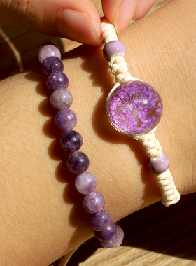 新款叠戴紫水晶石头简约满天星干花手链男女永生花手饰陶瓷小饰品