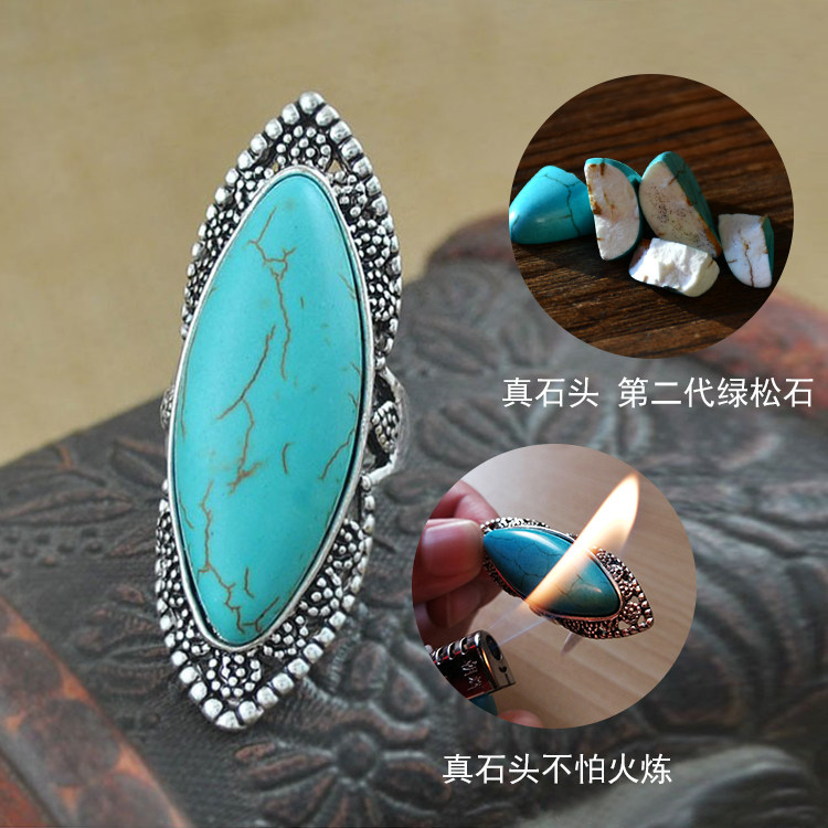 EUROPEAN AND AMERICAN EXAGGERATED ADJUSTABLE GEOMETRIC IRREGULAR TURQUOISE RING ORIGINAL HANDMADE G TONE INDEX FINGER RING RING PERSONALITY