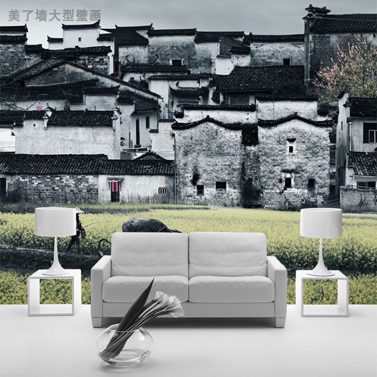 江南农村风景壁纸 徽派建筑古镇墙纸 农耕犁田风景农家菜馆壁画