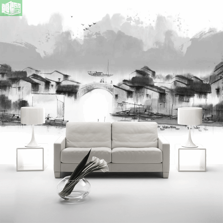 新中式水墨画壁纸江南山水民居国画墙纸小桥流水意境定制壁画