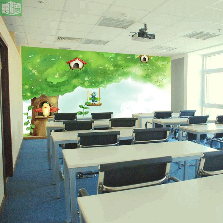 卡通绿色大树壁纸升学培训班中小学补习班教室墙纸延伸空间壁画
