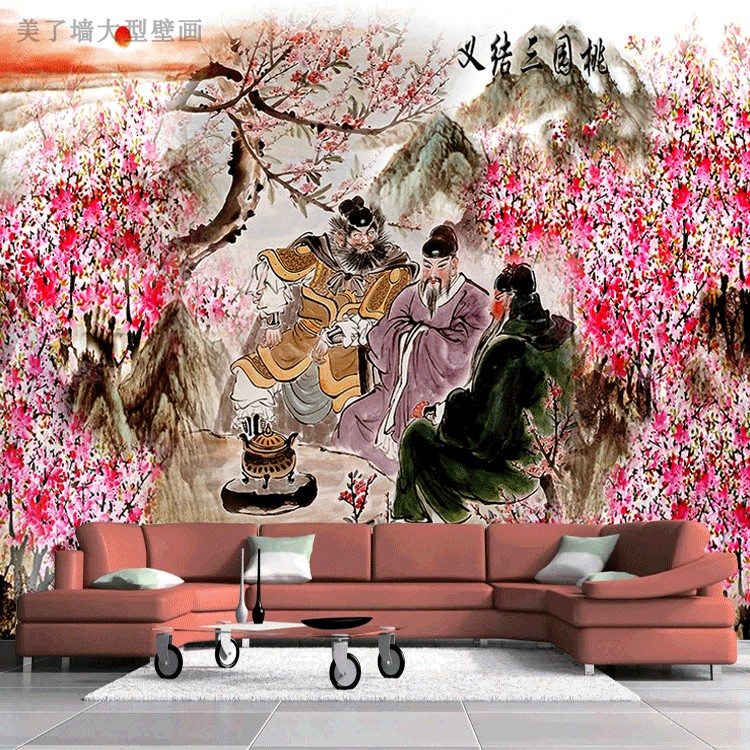 三国故事桃园结义壁纸 刘备关羽张大碗喝酒墙纸 中国历史故事壁画