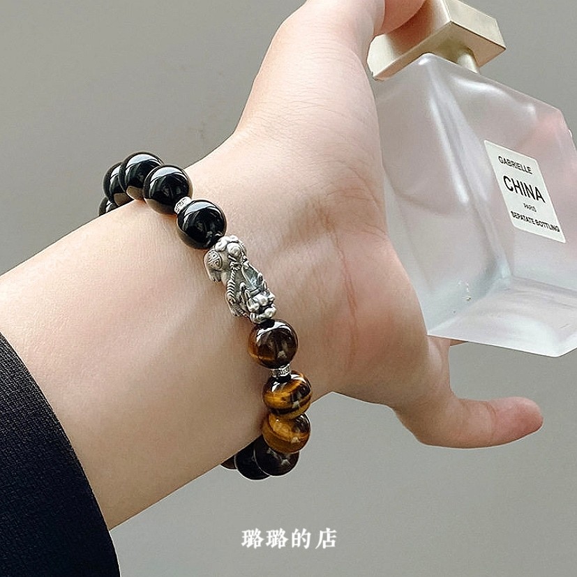 情侣足银999文艺复古风小众设计泰银虎眼石黑曜石貔貅手链