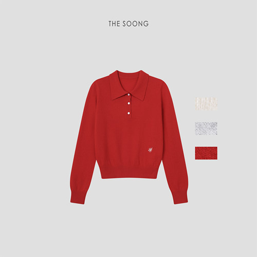 THESOONG/温润时光 秋冬100%山羊绒刺绣Polo领女士毛衣9233