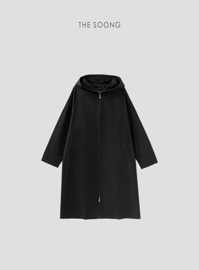 THESOONG/极简日系重酵洗100纯棉双面女士连帽中长款风衣外套5134