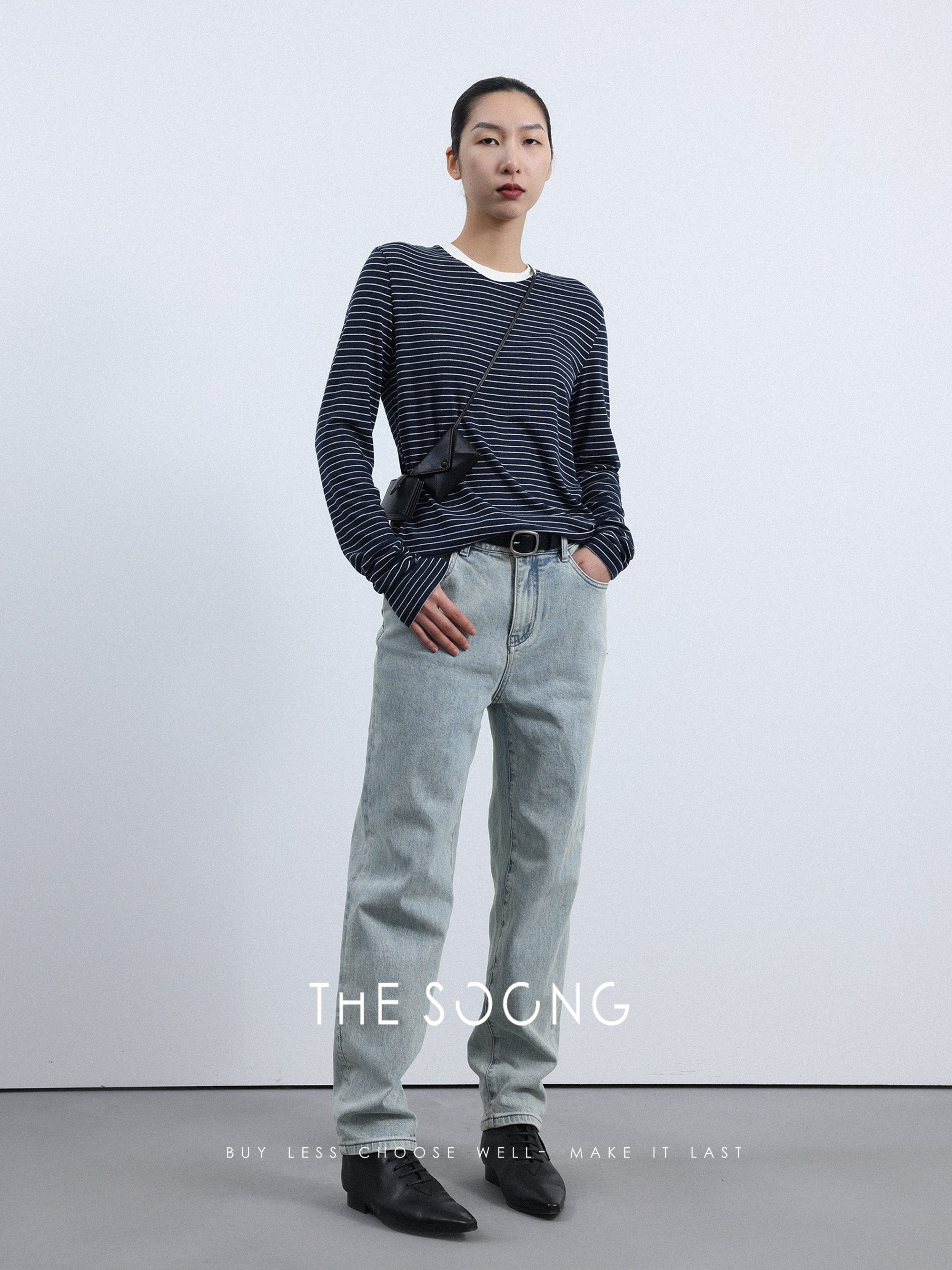 thesoong/海岛蓝 重工水洗全条炒盐高腰微弹牛仔裤女士窄版直筒裤