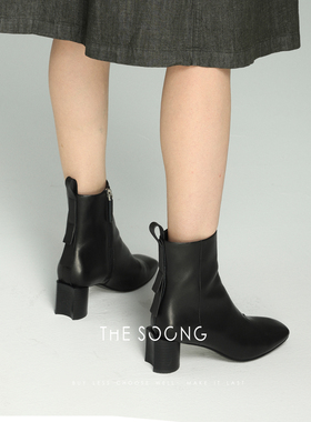 THESOONG/月牙靴 皮方头亮面柔软高跟短靴6452