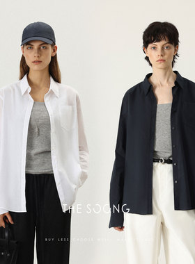 THESOONG/极简黑白色长袖衬衫女60支棉普洗松软翻领休闲上衣7566