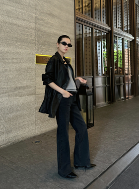 THESOONG/牛仔裤女2026新款黑灰色高密棉直筒微喇显腿长裤子8362