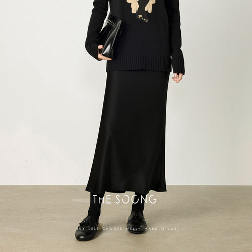 中腰松紧腰垂感黑色半身裙