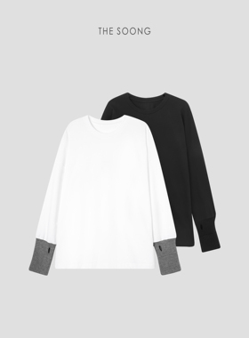 THESOONG/新品女装小众圆领拼接长袖T恤白色打底衫上衣女7523
