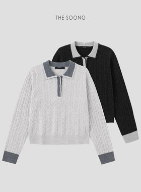 THESOONG/惬意松弛 100%纯羊毛绞花针织细腻糯感撞色翻领毛衣7201