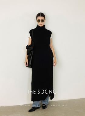THESOONG/秋冬100%纯棉无袖针织连衣裙肌理感中长款高领长裙7764