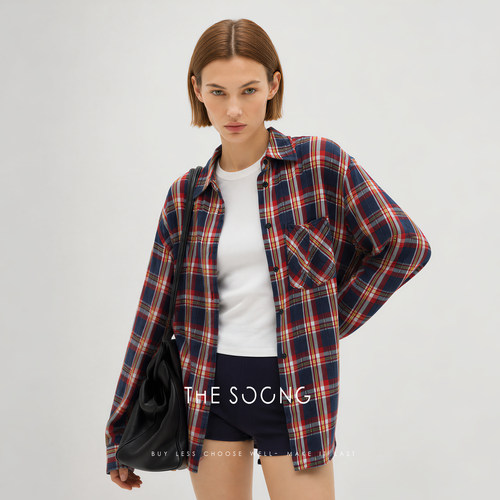 THESOONG/怀旧格 色织牛仔格纹重工炒盐洗水休闲女士衬衫7740