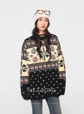 THESOONG/暖冬费尔岛 经典加厚羊绒羊毛粗针交织撞色圆领毛衣8165
