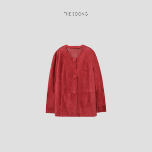 THESOONG 100%绵羊皮细腻绒面哑光肌理红色皮衣外套7675 奢感佳作