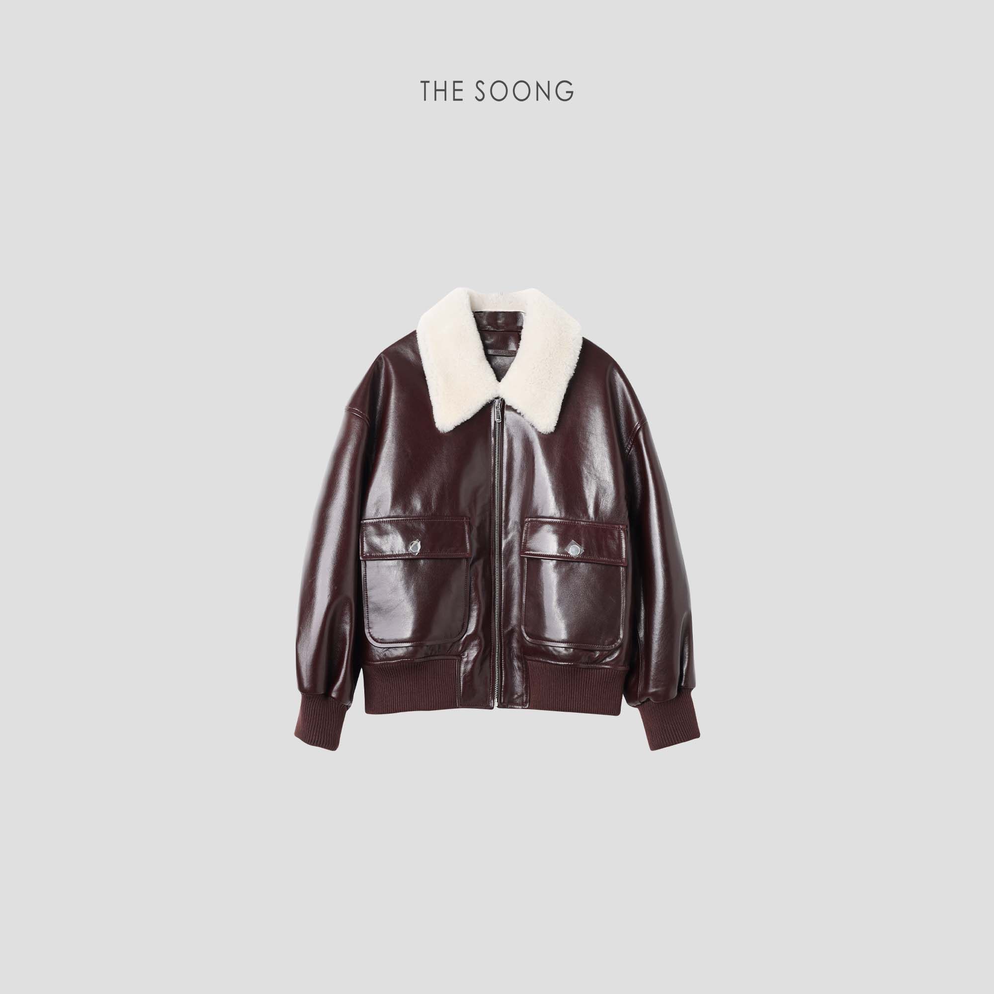 THESOONG/晚秋克林 100%羊皮革 短款夹克机车服毛领皮衣外套