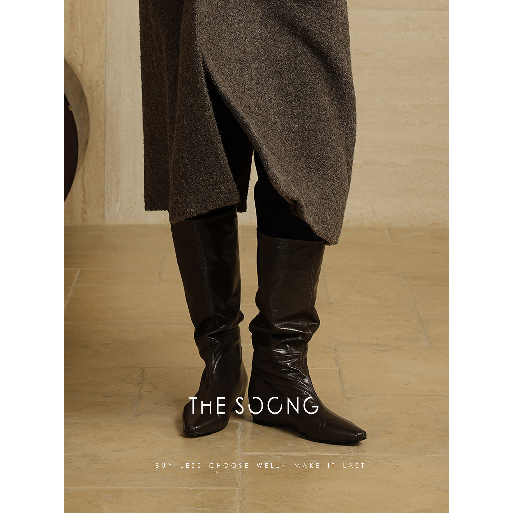 THESOONG整张小牛皮剪裁中筒靴