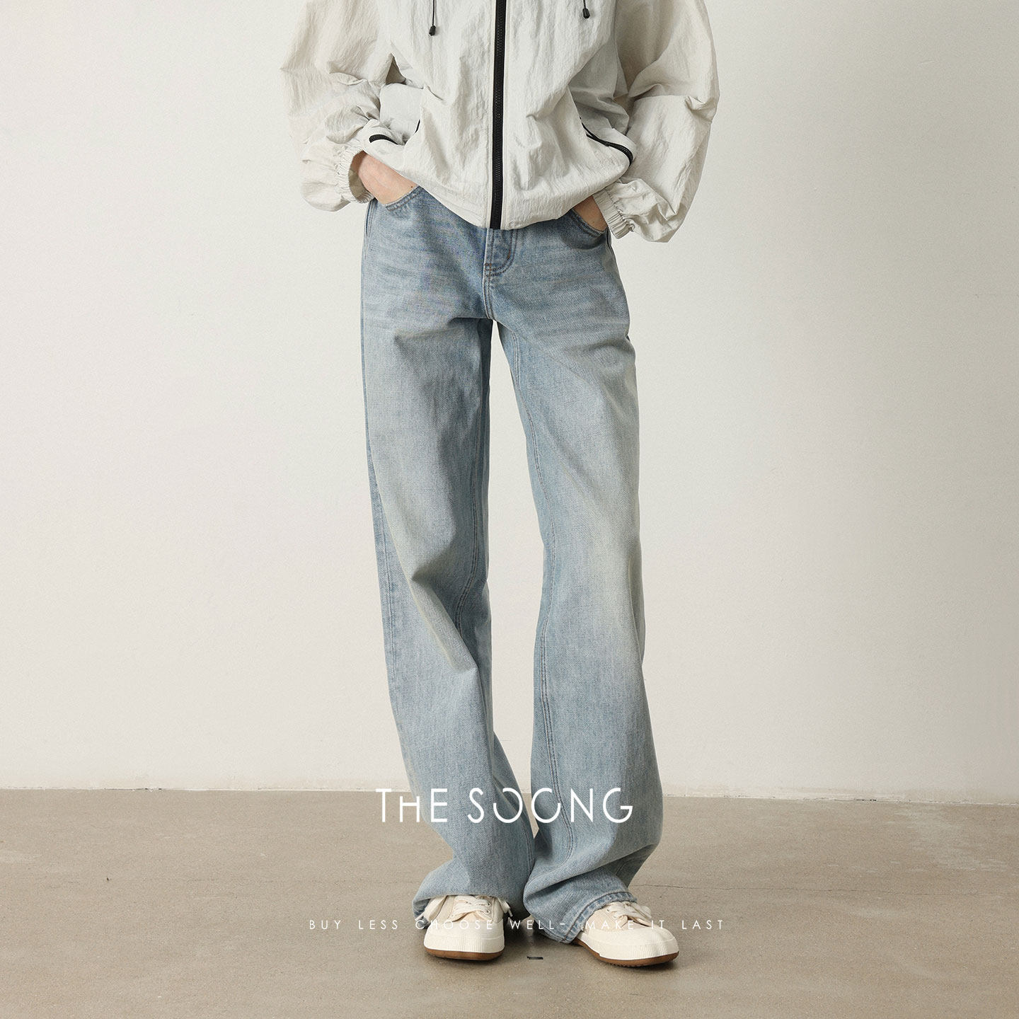 THESOONG/直筒牛仔裤女新款浅蓝色14.9安加厚水洗压皱长裤6940