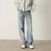 THESOONG 6940 浅蓝色14.9安加厚水洗压皱长裤 直筒牛仔裤 女新款