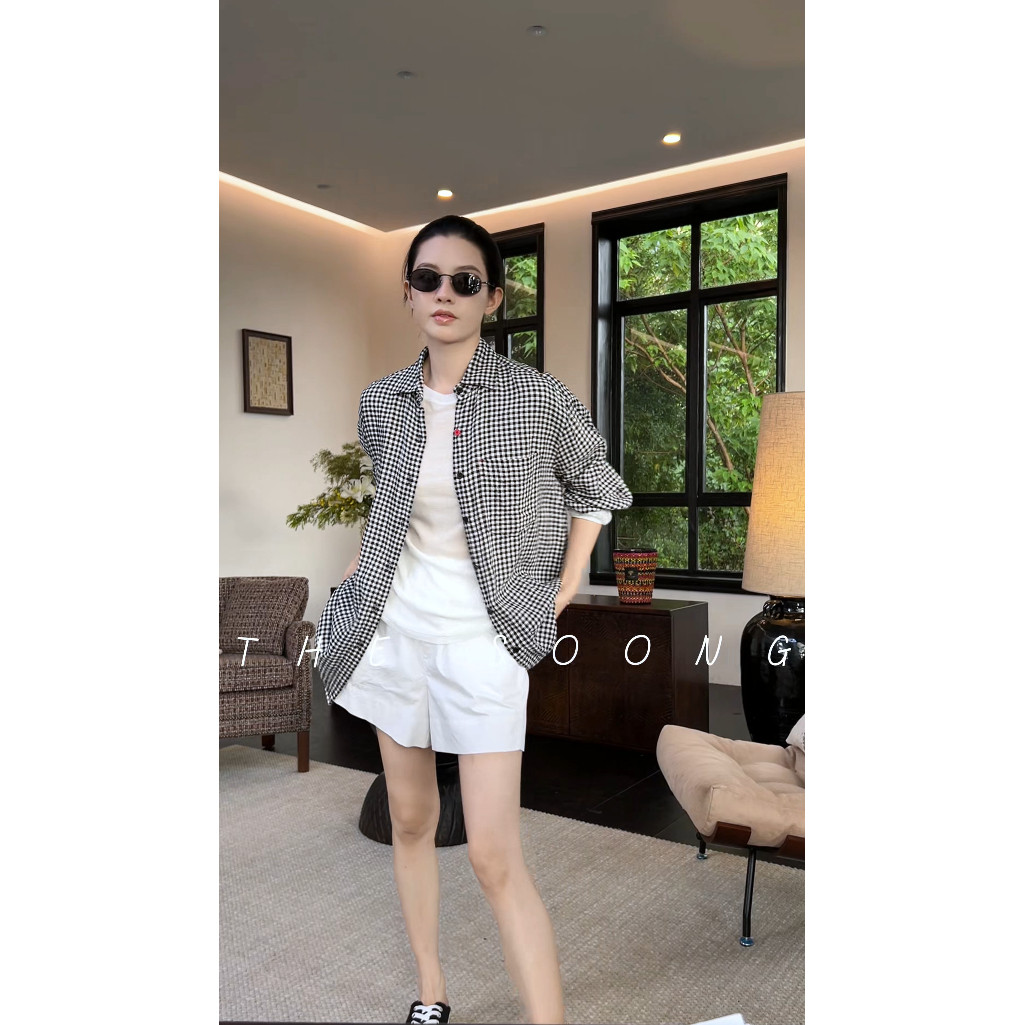 THESOONG/万年经典100%棉微褶polo领女士格子衬衫外套4879