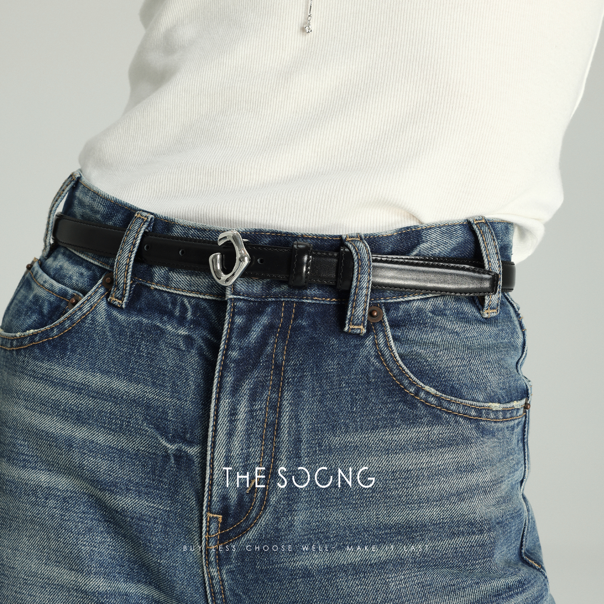 THESOONG/经典头层牛皮光泽质感百搭铜扣细皮带6492