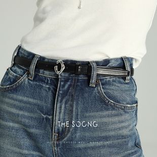 THESOONG C字头层牛皮光泽质感百搭铜扣细皮带6492 经典