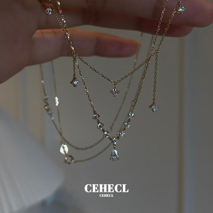 原创s925纯银镀18k金叠戴星河璀璨闪钻流苏项链水滴毛衣链锁骨链