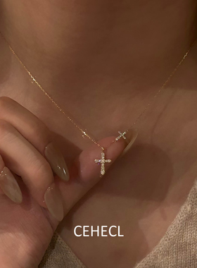 金色满钻双十字架mini吊坠项链女