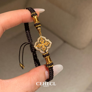 黑金十字杵手链女手工编织金刚杵手绳女轻奢本命年红色镶钻编织绳