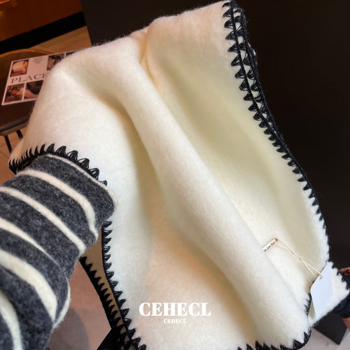 白色锁边围巾女加厚保暖护颈围脖