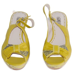 坡跟鱼嘴黄色羊皮凉鞋 清仓1200803 露趾后空真皮高跟一字扣春夏鞋