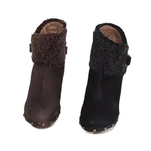 羊羔毛装 饰头层磨砂牛皮女短靴侧拉链圆头高跟真皮春秋靴2780502