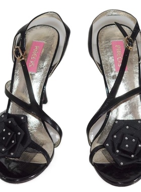 黑色细带头层牛皮女凉鞋大花朵烫钻装饰超高跟真皮夏季女鞋2E7203