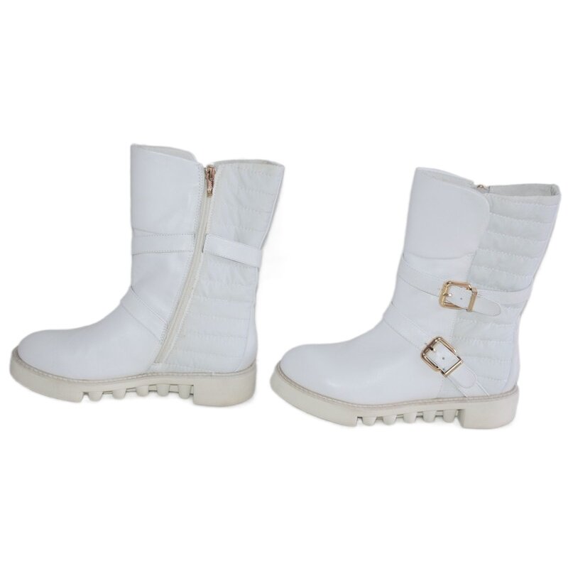 里外真皮圆头厚底女靴防滑耐磨底侧拉链白色头层牛皮靴子24790804