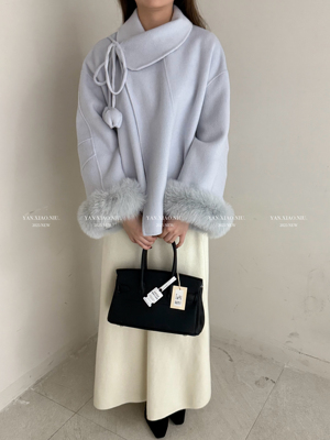 1385冬季新款韩版气质郁金香系带真袖毛双面羊毛大衣显瘦毛呢外套