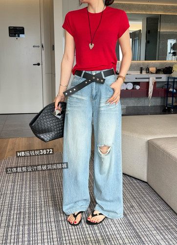 3672夏季新款韩版气质高腰显瘦立体裁剪设计破洞阔腿裤休闲牛仔裤