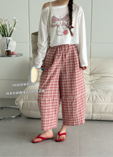 9513夏季新款韩版气质百搭高腰显瘦松紧腰格子九分弯刀裤休闲裤女