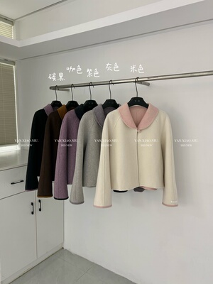 8577-3冬季韩版气质百搭显瘦拼色翻领双面羊毛大衣小个子毛呢外套