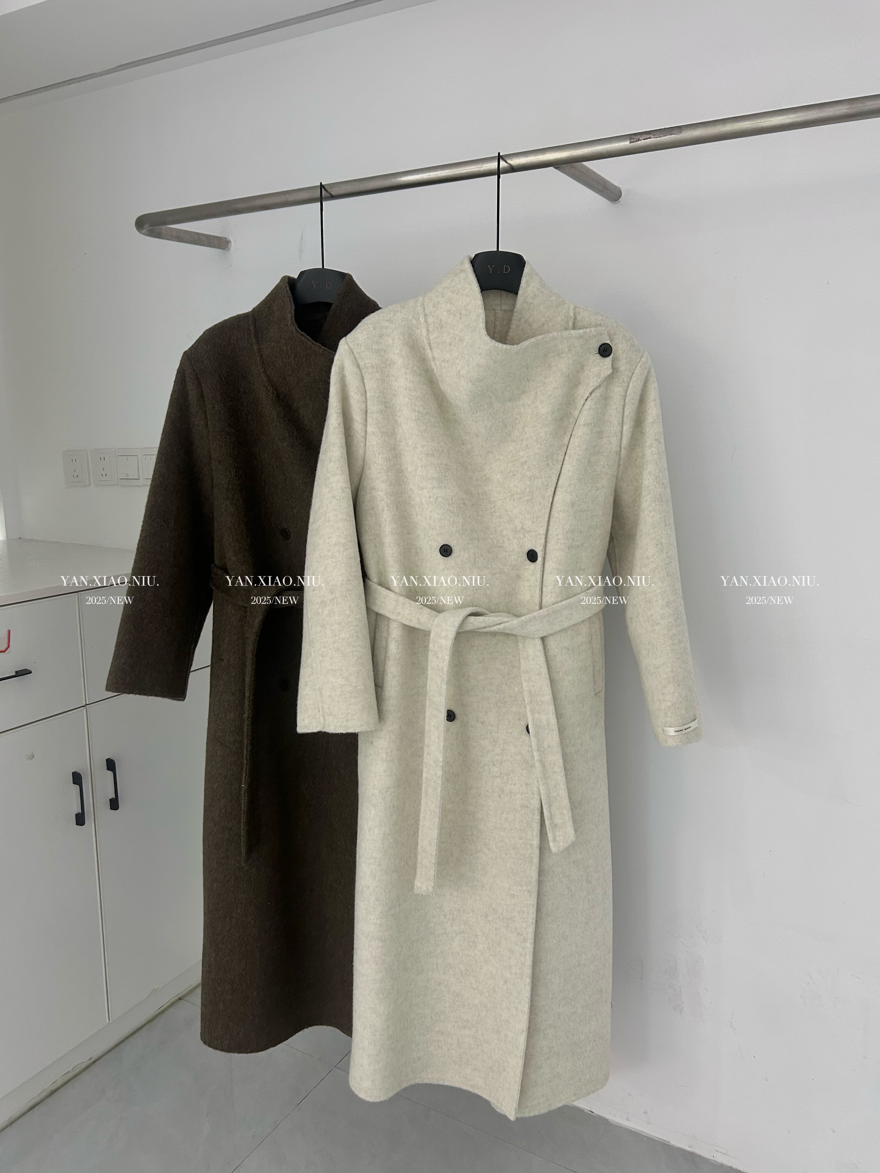 8813-66冬季韩版气质百搭休闲立领双面羊毛大衣长款系带毛呢外套