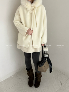 1522冬季 气质百搭真毛领连帽系带双面羊毛大衣显瘦毛呢外套女 韩版