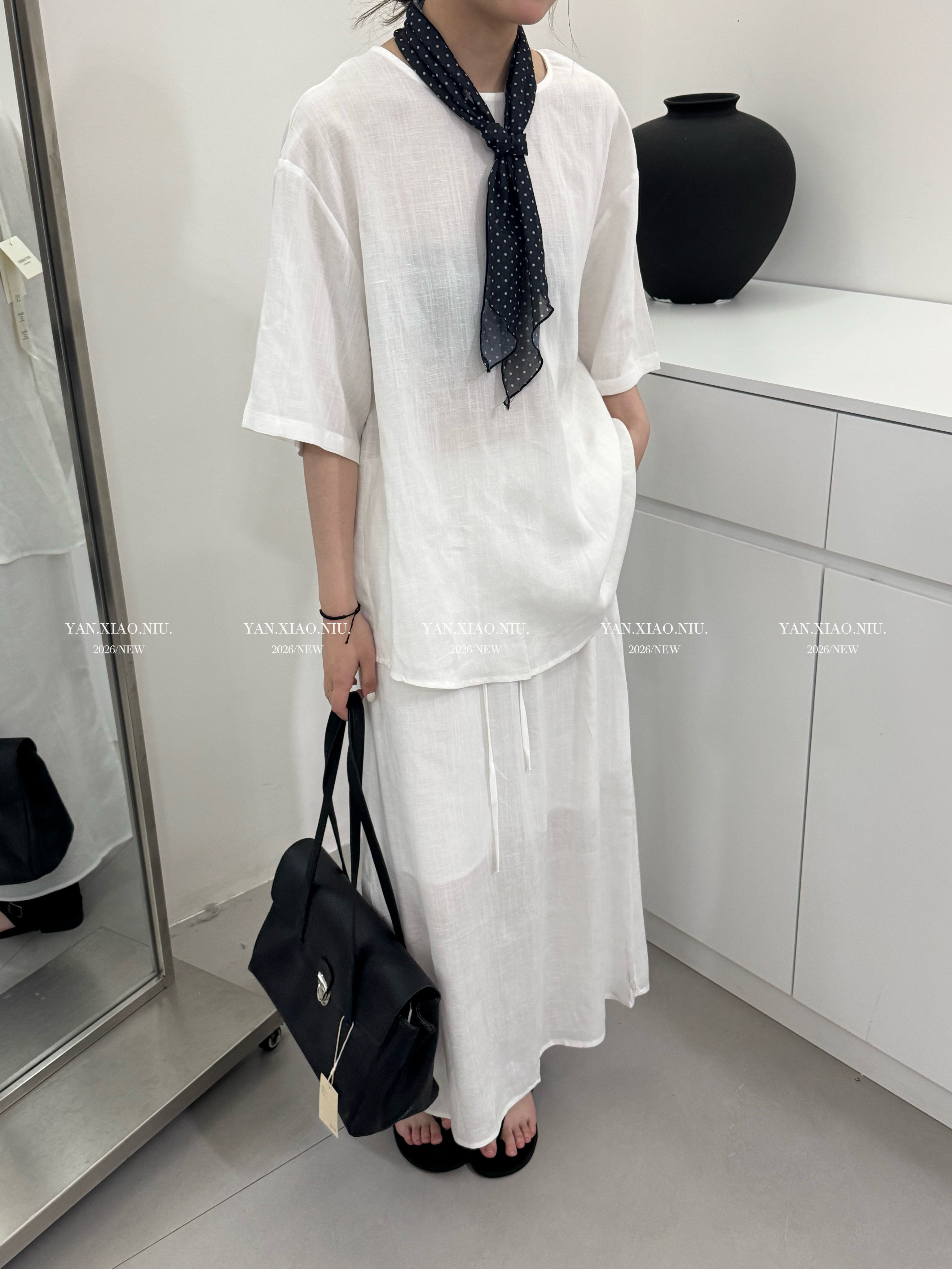 1717夏季韩版时尚宽松简约麻料套装女配丝巾短袖上衣半身裙三件套