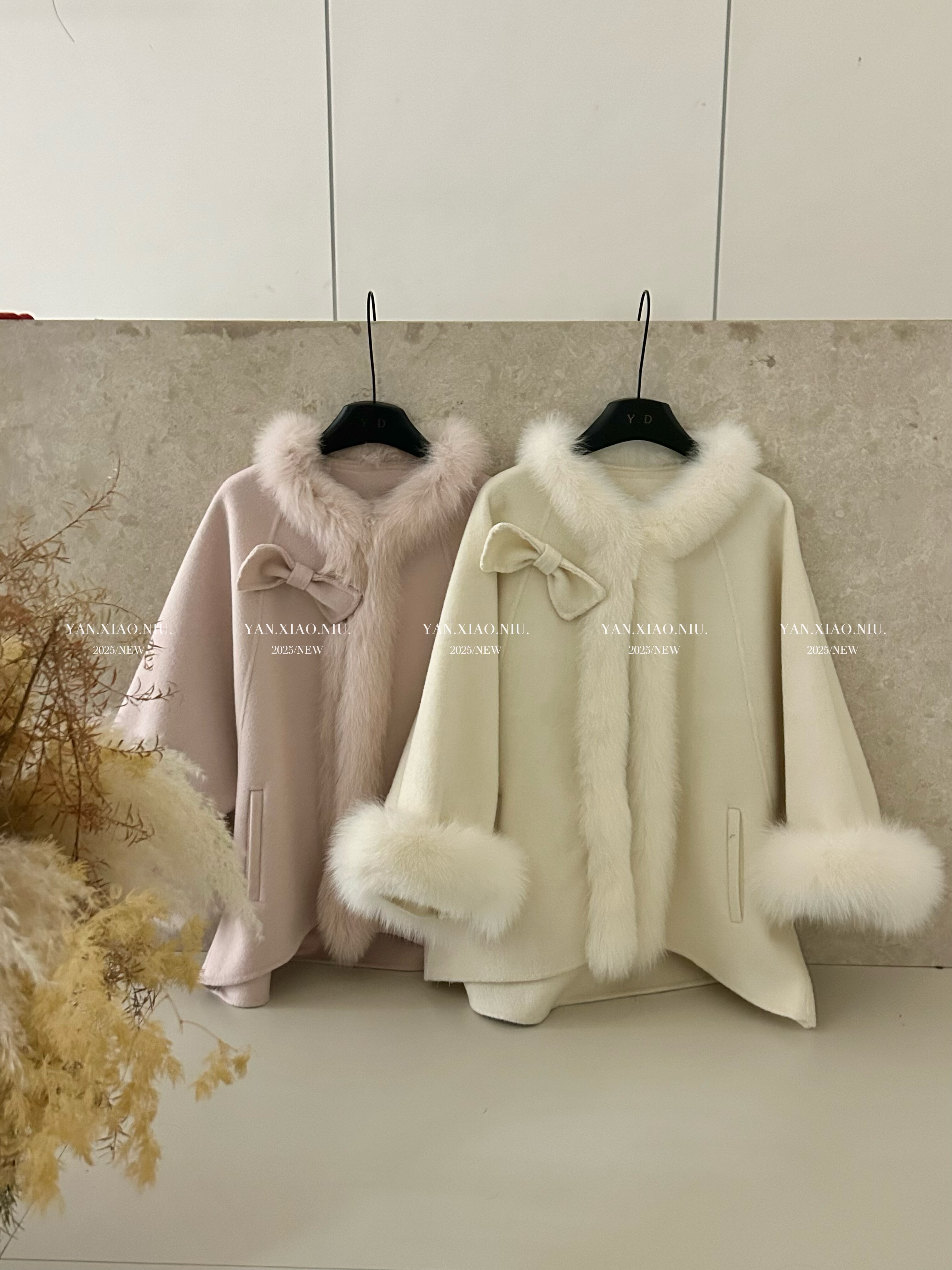 J11-76冬季韩版气质百搭真狐狸毛蝴蝶结双面羊毛大衣显瘦毛呢外套